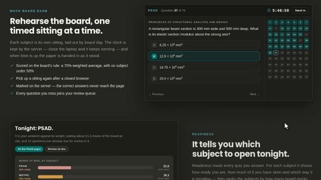 The homepage’s section on the mock board exam, with a sample question on screen.