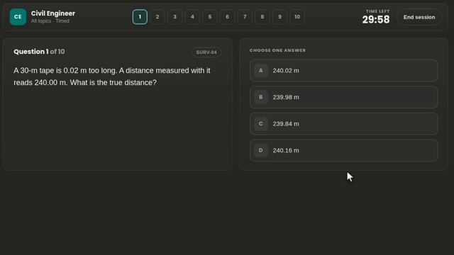 A timed practice session: question 1 of 10, four choices, 29:58 left.