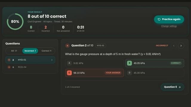 The results of a practice session: 8 out of 10 correct, with a missed question and its correct answer.